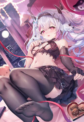 1girl absurdres black_gloves black_thighhighs breasts cross-shaped_pupils elbow_gloves feet fingerless_gloves foot_focus gloves guzangnanfeng hair_spread_out head_wings highres kuromi looking_at_viewer lying multicolored_hair navel on_back on_bed onegai_my_melody open_mouth original pink_eyes pink_hair sanrio single_elbow_glove single_fingerless_glove skirt solo stomach streaked_hair symbol-shaped_pupils thighhighs toes white_hair wings