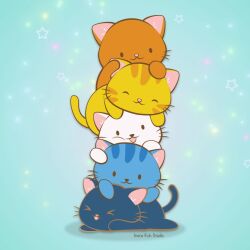 &gt;_&lt; :3 ^_^ animal animal_focus aqua_background aroace_flag artist_name blue_cat cat closed_eyes closed_mouth commentary english_commentary irenekohstudio no_humans orange_cat original shadow star_(symbol) star_symbol_background tongue tongue_out white_cat