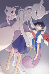 absurdres alire_poke ash_ketchum blue_eyes carrying closed_eyes colored_skin creatures_(company) feet game_freak gen_1_pokemon hat highres jacket legendary_pokemon mew_(pokemon) mewtwo mythical_pokemon nintendo pink_skin pokemon pokemon_(anime) pokemon_(creature) pokemon_journeys purple_eyes purple_skin standing tail