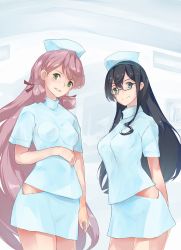 Rule 34 | 2girls, akashi (kancolle), alternate costume, black-framed eyewear, black hair, blue eyes, breasts, commentary, cowboy shot, glasses, green eyes, hair ribbon, hat, hip vent, kantai collection, blue skirt, long hair, looking at viewer, medium breasts, multiple girls, nurse, nurse cap, ooyodo (kancolle), pink hair, ribbon, semi-rimless eyewear, short sleeves, smile, tress ribbon, yamaioni (sasakama)