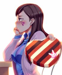Rule 34 | &gt;:3, 1girl, :3, blue shirt, blush, box, breasts, brown eyes, brown hair, collared shirt, d.va (overwatch), embarrassed, facepaint, facial mark, female focus, fingernails, from side, gift, gift box, hand on own cheek, hand on own face, hands up, head rest, heart, heart-shaped box, high collar, holding, holding gift, incoming gift, jacket, long hair, long sleeves, medium breasts, open clothes, open jacket, outstretched arm, overwatch, overwatch 1, profile, reaching, reaching towards viewer, rixch, shirt, simple background, sitting, solo, swept bangs, tsundere, upper body, v-shaped eyebrows, valentine, whisker markings, white background