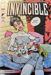 1boy 1girl anissa_(invincible) battle_beast_(invincible) black_hair bodysuit braid breasts colored_sclera commentary english_commentary english_text furry furry_male gloves grey_bodysuit grey_eyes highres invincible_(series) marker_(medium) medium_breasts pillow red_gloves ryan_ottley signature sitting traditional_media two-tone_bodysuit yellow_sclera