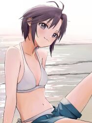 1girl :3 antenna_hair bikini black_hair denim denim_shorts dripping grey_eyes hashtag-only_commentary idolmaster idolmaster_(classic) kikuchi_makoto leaning_forward light_blush ocean outdoors parted_bangs ryuuboku_(stapler2355) shorts sitting solo swimsuit white_bikini