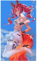 Rule 34 | 1girl, back, backless bodysuit, bare shoulders, black bow, blue sky, bodysuit, boots, bow, breasts, charismaing, commentary, day, from side, hair between eyes, hair bow, hashtag-only commentary, headgear, high heel boots, high heels, highres, looking at viewer, looking to the side, lupa (wuthering waves), medium breasts, open mouth, outdoors, pink hair, sky, smile, solo, tail, thigh boots, torn bodysuit, torn clothes, twintails, white bodysuit, white boots, wolf tail, wrist guards, wuthering waves, yellow eyes