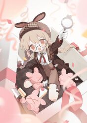 1girl alternate_costume arm_up blonde_hair box braid brown_coat brown_shoes brown_shorts brown_socks button-down_collar cake cake_slice coat collared_shirt cross_tie daizu_(melon-lemon) deerstalker detective food gift gift_box glasses gloves hat highres holding holding_magnifying_glass houndstooth in_box in_container kitchen_knife legwear_garter long_hair long_sleeves looking_at_viewer magnifying_glass natori_sana natori_sana_(detective_agency_head) open_clothes open_coat open_mouth rabbit sana_channel shirt shoes shorts sitting socks solo suspenders virtual_youtuber wariza white_gloves white_shirt