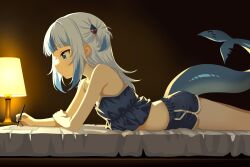 1girl absurdres ass bed bedroom blue_camisole blue_eyes blue_shorts camisole fins fish_tail from_side furfik gawr_gura hair_ornament highres hololive hololive_english indoors lamp long_hair lying midriff on_stomach pen shark_girl shark_hair_ornament shark_tail short_shorts shorts solo tail thighs virtual_youtuber white_hair writing