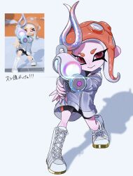 Rule 34 | 1girl, bike shorts, black shorts, boots, closed mouth, commentary request, game screenshot inset, glint, grey jacket, gun, highres, holding, holding gun, holding weapon, jacket, lace-up boots, long hair, multiple views, nintendo, octoling, octoling girl, octoling player character, oka kabe, orange hair, red eyes, reference inset, shadow, short eyebrows, shorts, smile, splatoon (series), splatoon 3, splattershot (splatoon), standing, tentacle hair, thick eyebrows, translation request, weapon, white background, white boots, zipper
