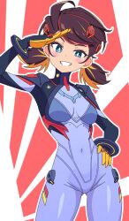 1girl arm_up blonde_hair blue_eyes blush blush_stickers bodysuit breasts bright_pupils brown_hair covered_navel cutefires hand_on_own_hip marvel marvel_rivals multicolored_hair outline peni_parker salute short_twintails smile solo teeth twintails two-tone_hair white_outline white_pupils