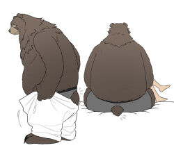 1boy 1other animal_ears bara barefoot bear_boy bear_ears bear_tail belly ben_bigger boxers brown_fur claws commentary_request fat furry furry_male grey_male_underwear looking_to_the_side male_underwear notched_ear notice_lines pants plump scar scar_across_eye scar_on_face sitting syabeo tail topless_male underwear white_background white_pants zenless_zone_zero