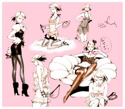 1girl ace_attorney back boots bra commentary commentary_request couch cowboy_shot dated dress earrings franziska_von_karma full_body high_heel_boots high_heels holding holding_whip jewelry juliet_sleeves kotteri long_sleeves looking_at_viewer miniskirt multiple_views neck_ribbon on_couch pantyhose partially_colored phoenix_wright:_ace_attorney_-_justice_for_all pink_background profile puffy_sleeves ribbon short_hair simple_background skirt underwear