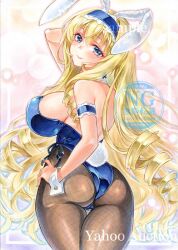 Rule 34 | 1girl, arm behind head, armpits, ass, blonde hair, blue eyes, breasts, cecilia alcott, drill hair, hairband, half-closed eyes, hand on own hip, highres, infinite stratos, large breasts, legs, leotard, long hair, looking at viewer, model pose, pantyhose, playboy bunny, rabbit ears, rabbit tail, sample watermark, seductive gaze, seductive smile, sideboob, smile, thighs, traditional media, very long hair, watermark