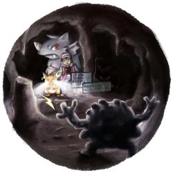 1boy 2018 baseball_cap belt black_hair blue_pants collared_shirt commentary commentary_request creature creatures_(company) dark denim english_commentary game_freak gen_1_pokemon giulliano_kenzo hat jeans nintendo pants pokemon pokemon_(creature) pokemon_move pokemon_rgby portuguese_commentary raichu red_(pokemon) rhydon shirt short_sleeves signature standing