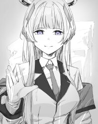1girl blue_archive blunt_bangs closed_mouth collared_shirt commentary_request greyscale halo hands_up headpiece hoffun jacket long_hair looking_at_viewer monochrome necktie noa_(blue_archive) off_shoulder purple_eyes school_uniform shirt smile solo
