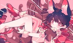 1boy animal_ear_fluff animal_ears black_hair blush bright_pupils brown_ribbon brown_shorts cat_ears closed_mouth commentary cross-shaped_pupils dated_commentary eyes_visible_through_hair frilled_socks frills hair_ribbon high_heels highres knee_blush male_focus neck original ozureiji pink_thighhighs puffy_short_sleeves puffy_sleeves red_eyes red_ribbon red_shoes ribbon shoes short_hair short_sleeves shorts single_thighhigh socks solo symbol-only_commentary symbol-shaped_pupils thighhighs trap tsurime white_pupils white_socks wrist_cuffs