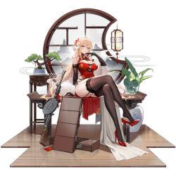 1girl artist_request bare_shoulders black_gloves black_thighhighs blonde_hair blue_eyes bonsai bracelet breasts china_dress chinese_clothes cleavage cleavage_cutout closed_mouth clothing_cutout crossed_legs dp-27 dp28_(coiling_morning_glory)_(girls&#039;_frontline) dp28_(girls&#039;_frontline) dress elbow_gloves flower full_body fur_shawl girls&#039;_frontline gloves hair_between_eyes hair_flower hair_ornament hand_up high_heels highres jewelry lantern large_breasts light_blush long_hair looking_at_viewer official_alternate_costume official_art paper_lantern plant potted_plant red_dress red_shoes shawl shoe_dangle shoes simple_background sitting skindentation smile solo thighhighs third-party_source transparent_background vase very_long_hair weapon_case wooden_floor