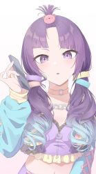 :o absurdres amama_(pcnk4878) bangs_pinned_back blunt_bangs blush cellphone chain choker cropped_jacket diagonal_bangs frilled_jacket frills gradient_hair highres holding holding_phone idolmaster idolmaster_shiny_colors jacket long_hair looking_at_viewer midriff multicolored_hair navel o-ring o-ring_choker phone purple_eyes purple_hair ringlets simple_background tanaka_mamimi twintails upper_body very_long_hair white_background