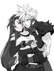 1boy 1girl armor bare_shoulders belt black_hair blue_eyes blush breasts cloud_strife collarbone couple detached_sleeves final_fantasy final_fantasy_vii final_fantasy_vii_remake fingerless_gloves gloves hand_on_another&#039;s_face highres hug hug_from_behind large_breasts long_hair looking_at_another low-tied_long_hair red_eyes shoulder_armor sleeveless sleeveless_turtleneck smile spiked_hair spykeee tank_top tifa_lockhart turtleneck white_background white_tank_top