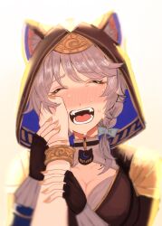 2girls aglaea_(honkai:_star_rail) animal_ears animal_hood ba_saashi3 breasts cat_ears cat_girl cat_hood cipher_(honkai:_star_rail) cleavage commentary crying female_pov grey_hair highres honkai:_star_rail honkai_(series) hood large_breasts mole mole_on_breast multiple_girls pov pov_hands short_hair_with_long_locks simple_background symbol-only_commentary upper_body white_background yellow_nails