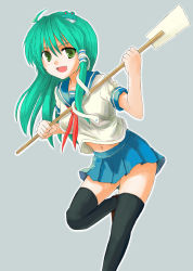 Rule 34 | 1girl, alternate costume, bad id, bad pixiv id, female focus, highres, hokamichi, kochiya sanae, school uniform, serafuku, solo, taji (crowview), thighhighs, touhou, zettai ryouiki