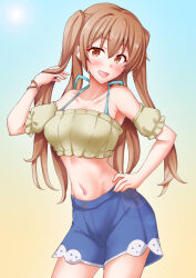 1girl anti_(untea9) blue_shorts breasts brown_eyes brown_hair cleavage collarbone crop_top detached_sleeves gradient_background highres johnston_(kancolle) kantai_collection long_hair looking_at_viewer medium_breasts navel off_shoulder open_mouth shirt shorts solo two_side_up yellow_background yellow_shirt
