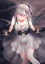 1girl ahoge asymmetrical_bangs black_choker black_corset blush breasts choker cleavage corset dress embroidered embroidery eyes_visible_through_hair frilled_corset frilled_jacket frills gomo hair_ornament hair_over_one_eye highres jacket large_breasts long_hair looking_at_viewer mole mole_under_eye nijisanji open_mouth pendant_choker see-through_clothes see-through_dress sukoya_kana sukoya_kana_(5th_costume) virtual_youtuber x x_hair_ornament