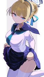 1girl absurdres blonde_hair blue_archive blue_eyes blue_halo blue_ribbon blue_skirt clothes_lift commentary_request falken_(yutozin) hair_ribbon halo highres kneeling lifting_own_clothes long_hair ribbon shirt skirt skirt_lift solo thighhighs toki_(blue_archive) white_shirt white_thighhighs