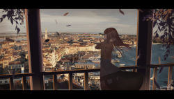 1girl absurdres amatsuki_rei artist_name black_eyes black_skirt brown_hair brown_shirt building city cityscape commentary_request day falling_leaves female_focus grey_sky hand_in_own_hair hand_up harbor highres horizon leaf letterboxed long_hair long_skirt long_sleeves original partial_commentary pillar profile railing scenery shade ship shirt sidelocks signature skirt sky solo standing tower water watercraft wind
