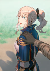 1boy 1girl :o azasuke black_bow blonde_hair blue_capelet blue_eyes blurry blurry_background blush bow capelet dark-skinned_male dark_skin genshin_impact grass hair_bow highres imminent_rape jean_(genshin_impact) looking_at_viewer mitachurl_(genshin_impact) open_mouth outdoors ponytail pov pov_hands shoulder_grab standing trembling wide-eyed