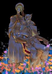 1girl ambiguous_gender ascot black_background blonde_hair bloodborne blue_eyes bodice bonnet brown_cloak chair cloak daylovemail doll_joints flower gloves hat high_collar highres hunter_(bloodborne) joints mask mouth_mask parted_bangs plain_doll red_ascot sidelocks sitting standing tall_female tricorne