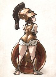 1girl armor aspis ass ass_focus blush boobplate breastplate brown_eyes brown_hair closed_mouth commentary corinthian_helmet curly_hair dress facing_away foot_wraps full_body gold_armor greaves greco-roman_clothes greek_armor hand_on_shield highres ironlily looking_at_viewer looking_back medium_hair muscle_cuirass original plume simple_background sleeveless sleeveless_dress solo standing thighs white_background white_dress