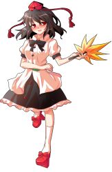 1girl adairi alphes_(style) black_bow black_bowtie black_hair black_skirt blush bow bowtie breasts commentary_request dairi frilled_skirt frills full_body geta half-closed_eyes hand_fan hat holding holding_fan kneehighs large_variant_set looking_at_viewer medium_breasts parody parted_lips puffy_short_sleeves puffy_sleeves red_eyes red_shoes shameimaru_aya shirt shoes short_hair short_sleeves skirt smile socks solo style_parody tachi-e tengu-geta tokin_hat touhou transparent_background variant_set white_shirt white_socks