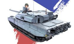 Rule 34 | 1girl, antennae, blonde hair, brown eyes, brown helmet, caterpillar tracks, chinese commentary, exhaust pipe, french flag, grey shirt, headset, helmet, highres, leclerc (tank), long hair, long sleeves, looking at viewer, military, military vehicle, mo yu de jiaozi, motor vehicle, one eye closed, open mouth, original, shirt, simple background, solo, tank, tank turret, united nations, upper body, vehicle focus, white background