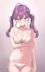 Rule 34 | 1girl, ahoge, alternate costume, arm at side, arm under breasts, bikini, blush, braid, breasts, butterfly hair ornament, collarbone, commentary, cowboy shot, ear piercing, gakuen idolmaster, gluteal fold, gonbe (199542), groin, hair ornament, halterneck, highres, holding own arm, idolmaster, kaya rinha, long hair, looking at viewer, medium breasts, navel, piercing, purple hair, side-tie bikini bottom, simple background, skindentation, solo, stomach, string bikini, sweatdrop, swimsuit, thighs, twintails, white bikini