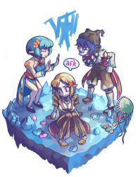 1boy 2girls angry arch_bishop_(ragnarok_online) blonde_hair blue_eyes blue_hair breasts brown_hair cleavage closed_eyes clown creature flower hair_ornament hairpin hands_on_own_hips hat head_wings heart heterochromia ice isometric jewelry mary_janes minstrel_(ragnarok_online) multiple_girls necklace plant pointy_ears ragnarok_online robe scarf shoes sitting speech_bubble standing sweatdrop thighhighs warlock warlock_(ragnarok_online) wings woofycakes