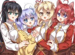 Rule 34 | 4girls, :d, ahoge, amagiri yune, amairo islenauts, animal ears, between breasts, black hair, blue eyes, blunt bangs, bow, bowtie, braid, breasts, brown corset, butterfly hair ornament, cardigan, collared shirt, commentary request, corset, cowboy shot, crown braid, eyes visible through hair, fang, flower, fuyukichi (nikoniko1567), green eyes, hair between eyes, hair flower, hair ornament, hair ribbon, hand up, happy, highres, holding hands, jacket, large breasts, long hair, looking at viewer, masaki gaillard, medium hair, multiple girls, necktie, necktie between breasts, one side up, open cardigan, open clothes, open jacket, open mouth, ponytail, red bow, red bowtie, red hair, red jacket, red ribbon, ribbon, school uniform, shiraga airi, shirley warwick, shirt, side-by-side, simple background, sleeves past wrists, smile, steepled fingers, straight hair, tail, tail raised, twintails, twitter username, very long hair, white background, white flower, white shirt, wolf ears, wolf girl, wolf tail, x hair ornament, yellow cardigan, yellow eyes, yellow necktie