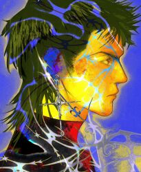 1boy abstract alternate_hairstyle earrings from_side green_hair highres jewelry male_focus mullet one_piece profile red_eyes roronoa_zoro short_hair sideburns single_earring solo upper_body yaoizhen