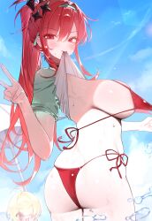Rule 34 | 2girls, absurdres, amu1207, ass, bikini, bikini pull, blue sky, blush, breasts, clothes in mouth, clothes lift, clothes pull, day, elegg (nikke), goddess of victory: nikke, highres, large breasts, lifting own clothes, long hair, mouth hold, multiple girls, official alternate costume, ponytail, rapi (nikke), rapi (red hood) (nikke), rapi (red hood) (red flavor) (nikke), red bikini, red eyes, red hair, shirt, shirt in mouth, shirt lift, side-tie bikini bottom, side-tie swimsuit, sky, swimsuit, v, white shirt