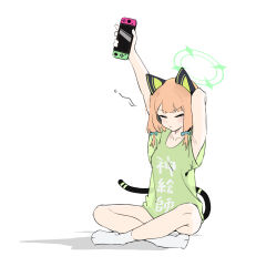 Rule 34 | 1girl, absurdres, animal ear headphones, animal ears, blue archive, blue bow, blush, bow, cat ear headphones, closed eyes, closed mouth, clothes writing, fake animal ears, full body, green shirt, hair bow, halo, handheld game console, headphones, highres, holding, holding handheld game console, mark jin, midori (blue archive), nintendo switch, orange hair, shirt, short sleeves, simple background, sitting, socks, solo, stretching, tail, white background