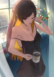 Rule 34 | 1girl, bare shoulders, black nightgown, blonde hair, breasts, brown eyes, brown hair, chiori (genshin impact), coffee mug, collarbone, colored inner hair, cup, eyelashes, genshin impact, hand up, holding, holding cup, indoors, looking at viewer, medium breasts, mug, multicolored hair, nightgown, oiro ik, one eye closed, open mouth, sleeveless, solo, strap slip, sunlight, two-tone hair, window