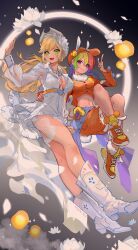 2girls :d absurdres aegyo_sal alternate_hairstyle alternate_skin_color animal_ears applejack applejack_(equestria_girls) ass_peek bare_legs baseball_cap black_background blonde_hair blue_hair boots braid breasts chinese_commentary cleavage closed_mouth collared_dress commentary_request cowboy_hat crossed_legs double-parted_bangs dress falling_petals film_grain flower freckles from_below full_body fur-trimmed_shorts fur_trim gradient_background green_eyes green_hair grey_background grey_hat hair_between_eyes hair_flower hair_ornament hand_on_another&#039;s_waist hat high_heel_boots high_heels highres index_finger_raised invisible_chair jewelry kewoshixiaodaia knee_boots knee_up lantern long_hair long_sleeves looking_at_viewer low_ponytail medium_breasts midriff multicolored_hair multiple_girls my_little_pony my_little_pony:_equestria_girls my_little_pony:_friendship_is_magic navel necklace open_mouth orange_hair orange_hat orange_shirt orange_shoes orange_shorts paper_lantern petals pink_eyes ponytail puffy_long_sleeves puffy_sleeves purple_hair rabbit_ears rainbow_dash rainbow_dash_(equestria_girls) rainbow_hair raised_eyebrow red_hair rose see-through_clothes see-through_sleeves shirt shoelaces shoes short_dress shorts simple_background sitting sleeveless sleeveless_dress small_breasts smile streaked_hair swept_bangs twin_braids white_boots white_dress white_flower white_petals white_rose