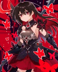 1girl animal bare_shoulders black_dress black_hair breasts bug butterfly closed_mouth commentary_request cowboy_shot dress highres honkai_(series) honkai_impact_3rd insect long_hair looking_at_viewer medium_breasts multicolored_hair red_dress red_eyes red_hair seele_(alter_ego) seele_vollerei skindentation solo thigh_strap two-tone_hair ufo_(23494318) very_long_hair