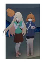 2girls ahoge black_shorts blonde_hair blue_eyes blue_jacket brown_eyes brown_hair brown_skirt collared_shirt food full_body go_na-rae hair_over_one_eye highres holding holding_spoon idtkrk05 im_hyeon-ji jacket kneehighs long_hair long_sleeves multiple_girls necktie pleated_skirt red_necktie school_uniform shirt shoes short_hair shorts skirt sneakers socks spoon standing sweater_vest twitter_username vest white_shirt white_socks zombie_high_school