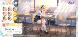 1girl ahoge azur_lane black_shoes black_skirt blonde_hair bluecher_(azur_lane) bluecher_(the_after-school_wait)_(azur_lane) bow bowtie cellphone chair classroom commentary desk fang full_body hair_bow highres indoors kneehighs loafers long_hair looking_at_viewer official_alternate_costume official_art on_chair one_eye_closed open_mouth phone red_bow red_bowtie school_chair school_desk school_uniform shirt shirt_tucked_in shoes short_sleeves sitting skirt smartphone smile socks solo very_long_hair white_shirt white_socks