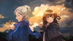2girls ahoge aru_majo_ga_shinu_made brown_hair closed_eyes cloud cloudy_sky earrings faust_(aru_majo) fly_(marguerite) gem grey_hair hair_bun highres jewelry long_hair makeup mascara meg_raspberry multiple_girls old old_woman outdoors scarf sky smile star_(sky) twilight upper_body yellow_eyes