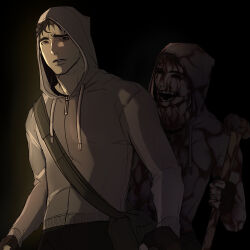 Rule 34 | 2boys, absurdres, bag, bags under eyes, black background, black gloves, black hair, blood, blood from forehead, blood on face, bloodshot eyes, crazy grin, cry of fear, d:, exhausted, fingerless gloves, gloves, grey hoodie, head tilt, highres, hood, hood up, hoodie, ju-san, looking at another, multiple boys, open mouth, short hair, shoulder bag, sidelighting, simon henriksson, simon henriksson (book), slouching, stalking, upper body, worried