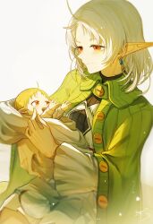 2girls absurdres ahoge baby_carry blonde_hair blush breasts carrying cloak collared_cloak dated earrings elf forehead green_cloak highres jewelry light_particles lucy_greyrat medium_breasts mother_and_child multiple_girls mushoku_tensei pointy_ears red_eyes signature sitting smile sylphiette_(mushoku_tensei) toddler upper_body white_hair yisjhui