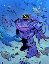 arm_cannon cable coral decepticon eye_trail fish highres light_trail looking_up mecha mecha_focus mist3r_malware no_humans one-eyed robot science_fiction shockwave_(transformers) solo standing transformers transformers_(skybound) underwater weapon whale yellow_eyes