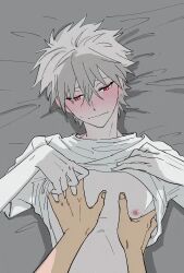 1boy animated animated_gif clothes_lift grey_hair jirouwakamaboko looking_at_viewer lying male_focus nagisa_kaworu neon_genesis_evangelion nipples on_back pectoral_grab pectorals pov pov_hands red_eyes shirt_lift solo_focus yaoi