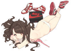 1girl absurdres ass blush bra breasts brown_eyes brown_hair butt_crack cloba from_above full_body highres idolmaster idolmaster_cinderella_girls long_hair looking_at_viewer lying on_stomach panties red_shoes shimamura_uzuki shoes simple_background sneakers solo underwear underwear_only unworn_bra white_background white_panties