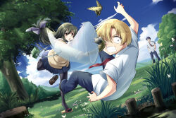 Rule 34 | 1girl, 2boys, black pantyhose, blonde hair, blue hair, blue pants, blue skirt, blue sky, blush, bow, brown eyes, bug, butterfly, butterfly net, chestnut mouth, clannad, clenched teeth, cloud, commentary request, day, dutch angle, failure, fighting stance, grass, green hair, hair between eyes, hair bow, hand net, hikarizaka private high school uniform, hitting, ibuki fuuko, insect, jacket, long hair, long sleeves, low-tied long hair, midair, miniskirt, multiple boys, nature, necktie, okazaki tomoya, open mouth, outdoors, pants, pantyhose, pleated skirt, purple bow, red necktie, sandals, school uniform, shirt, short hair, short sleeves, skirt, sky, standing, standing on one leg, sunohara youhei, tagame (tagamecat), teeth, tree, white shirt, wide-eyed, wide shot, yellow butterfly, yellow jacket